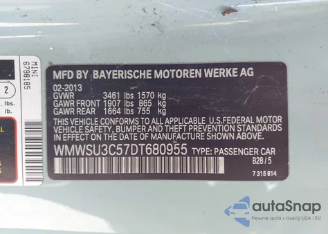 2013 Mini Hardtop Cooper из США, поврежденный, VIN WMWSU3C57DT680955